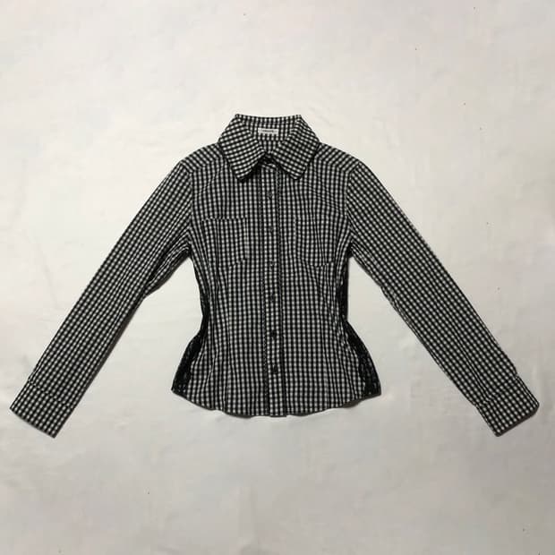 레이스 깅엄 체크 셔츠 블라우스 블랙