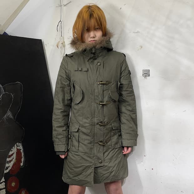 일본빈티지 울프죠 파이어맨 버클 자켓 롱 야상 퍼 후드 개파카 S