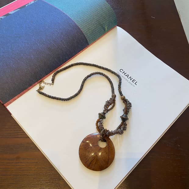 보헤미안무드 우드 원형 목걸이 빈티지