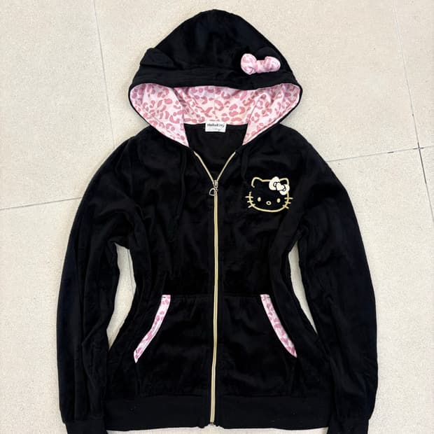 벨벳 블랙 핑크 키티 후드집업