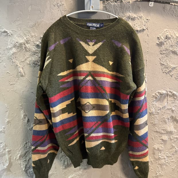 노티카 NAUTICA 빈티지 에스닉 패턴 니트 올리브 S/P