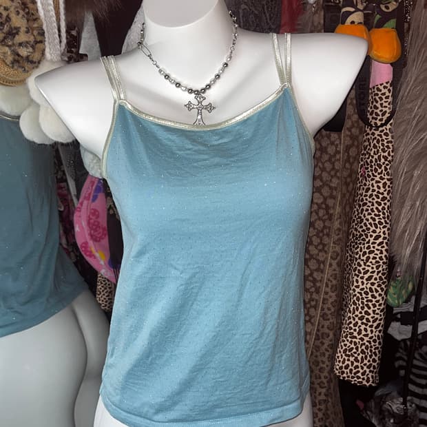 y2k 민트 실버 글리터 땡땡이 슬리브리스