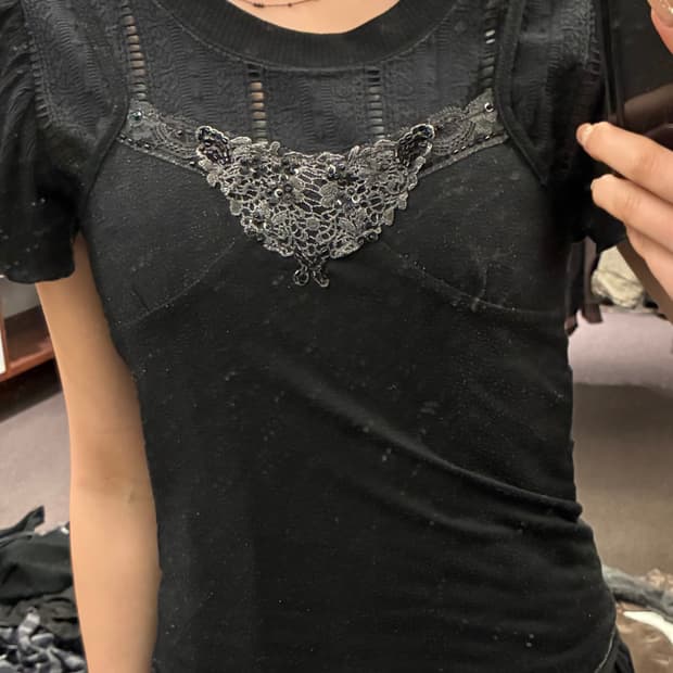 F)Japanese vintage 여성 비즈 자수 검정 슬리브리스(찢어짐