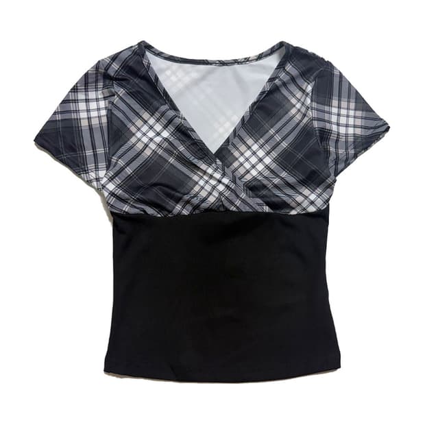 새상품 여자 체크 브이넥 반팔 (네이비)