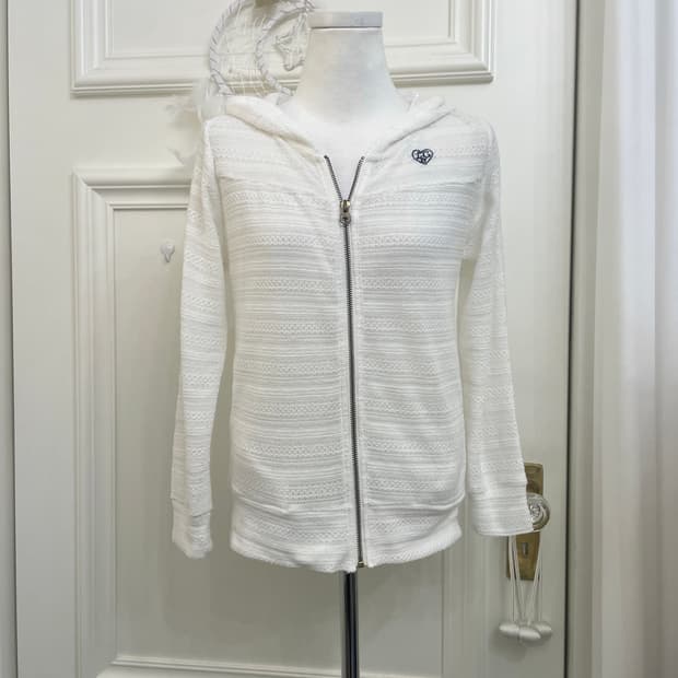 white navy logo lace crochet hoodie-zip
