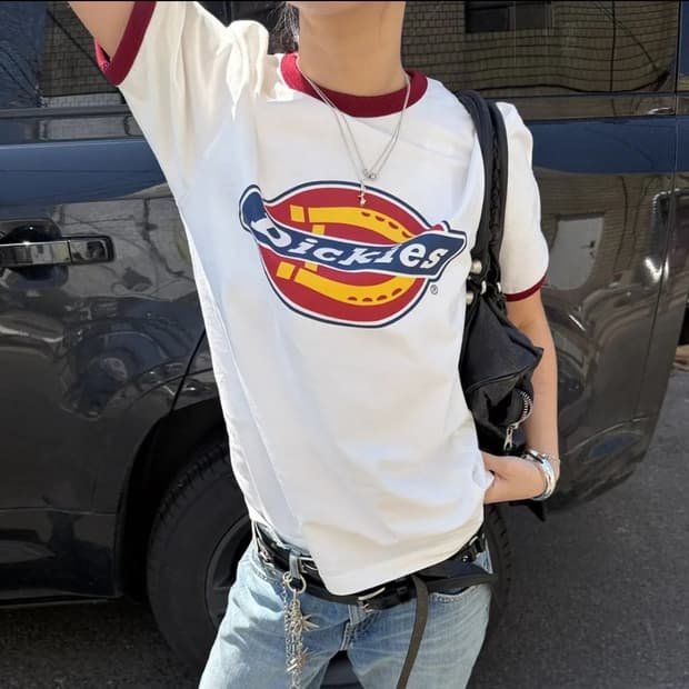 디키즈 트리 로고 링거 반팔티 새상품