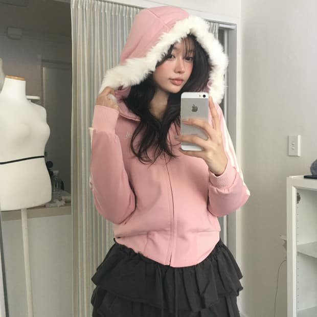 아디다스 y2k 딸기우유 퍼 후드집업