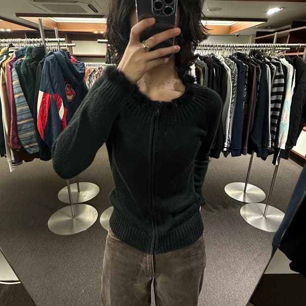 L)일본 빈티지 여성 블랙 퍼 니트 집업 가디건