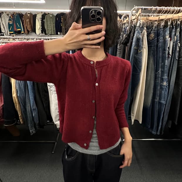 OS) Japanese vintage 여성 버건디 니트 가디건