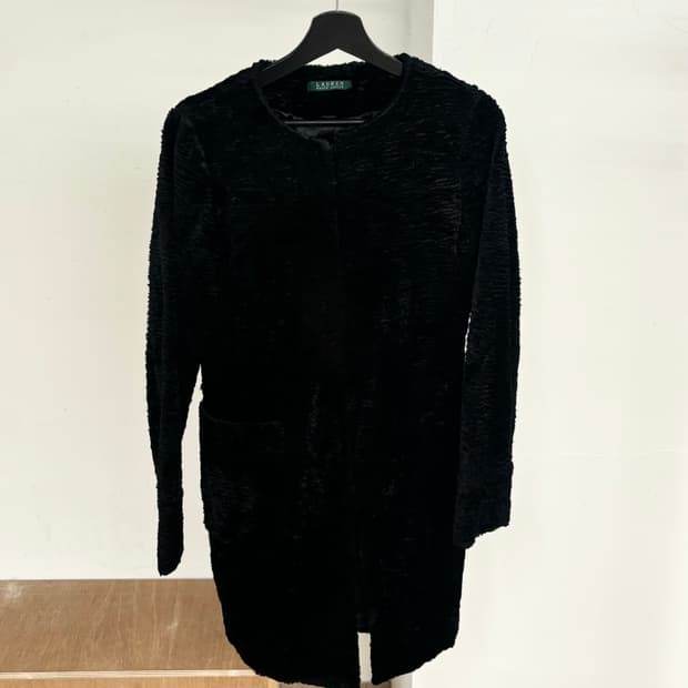 랄프 로렌 블랙 인조 페르시안 램 퍼 칼라리스 롱 원피스