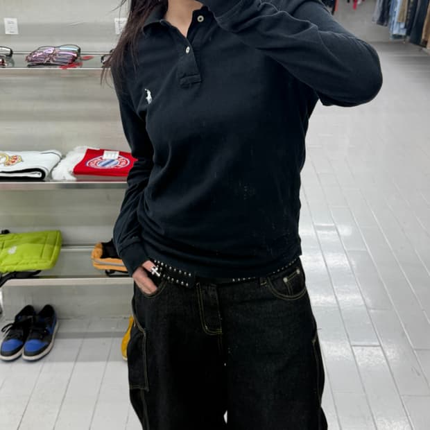 폴로 랄프 로렌 클래식 핏 메쉬 롱슬리브 폴로 셔츠 블랙