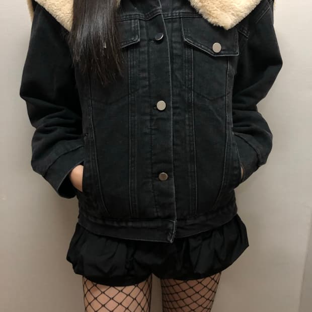 빈티지 블랙 데님 퍼 카라 자켓