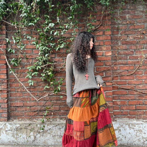 히피 패턴 패치워크 롱 스커트