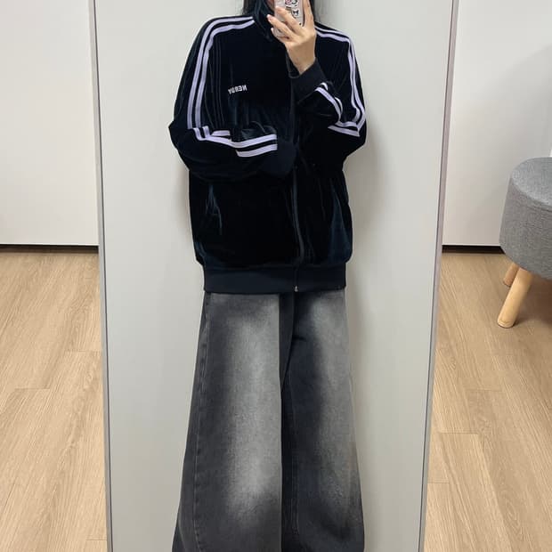 널디 벨벳 연보라 사이드라인 블랙 트랙탑 져지