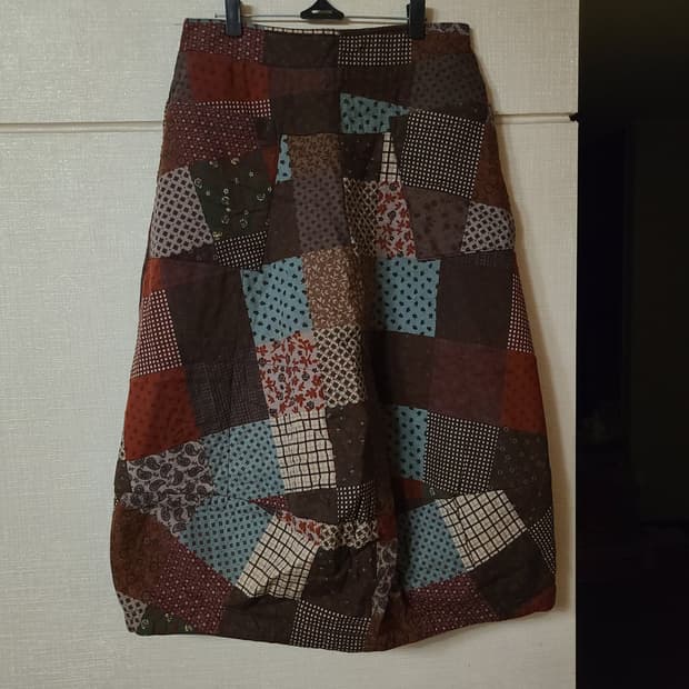 빈티지 사각 패치워크 프린팅 항아리 벌룬핏 누빔 롱스커트 치마 모리걸