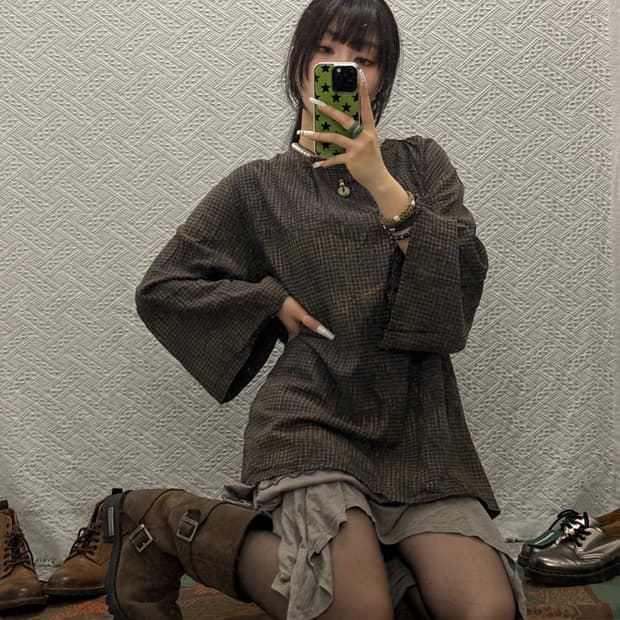 빈티지 펑크 타이다이 체크 아방핏 블라우스 긴팔티 K0123