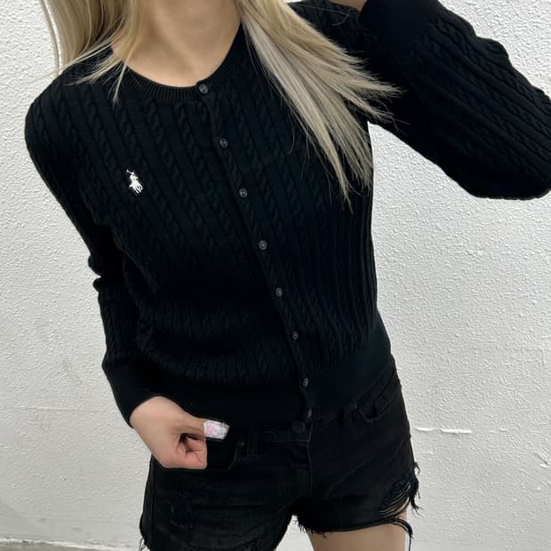 폴로 랄프로렌 화이트포니 블랙 꽈배기 가디건 L