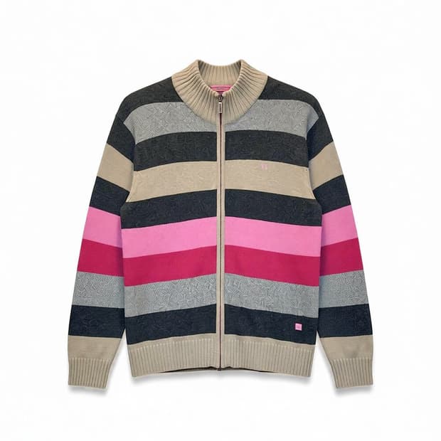 KR VINTAGE 집업 니트 배색 스트라이프 디테일 차콜 핑크