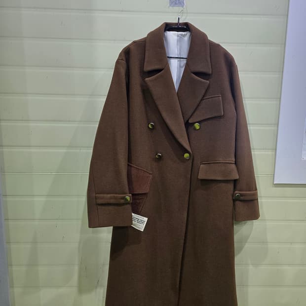 브라운 더블 울 롱 코트