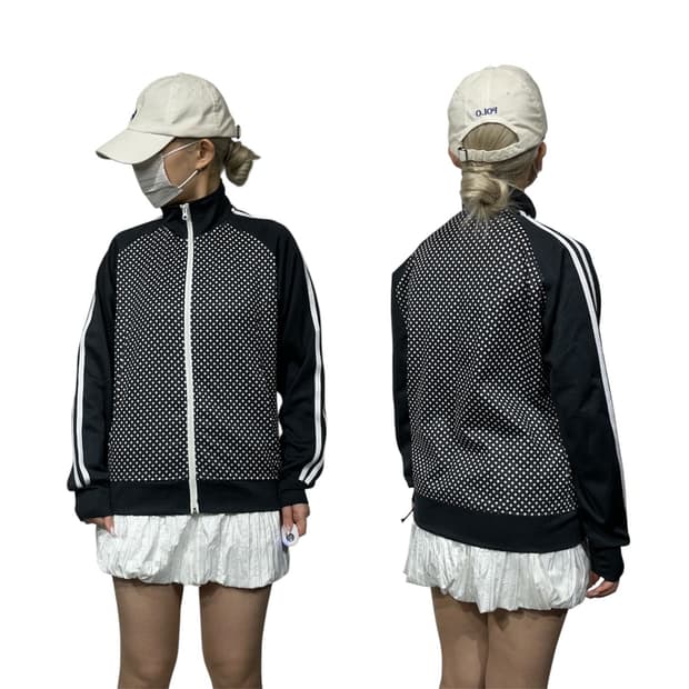 일본 빈티지 블랙 와투케 땡땡이 키치 트랙탑 져지 L