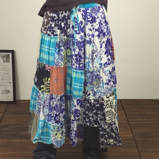 Jpn Blue Floral Patchwork Tiered Skirt