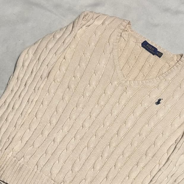 M 폴로랄프로렌 여성용 브이넥 오트밀 케이블 니트 