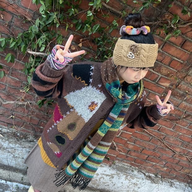 일본무드 자수 포인트 니트 가디건