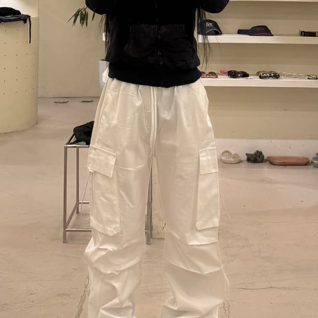 빈티지 카고 스트링 화이트 코튼 팬츠 U686