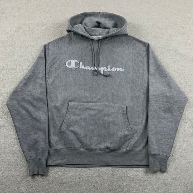 챔피온 리버스위브 스펠아웃 로고 후드티 멜란지 그레이