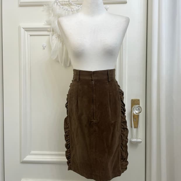 brown suade side shirring midi skirt