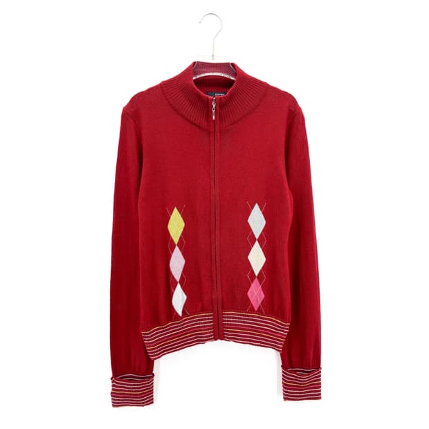 빈티지 아가일 체크 니트 집업 