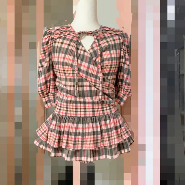  뱅뱅레이디 연핑크 체크 블라우스 호칭90/퍼프소매/페블럼/새거수준