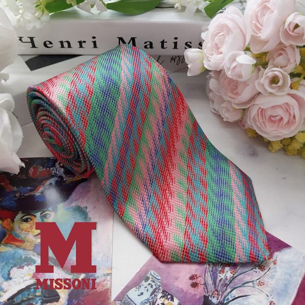 미쏘니 실크 핑크 멀티 스트라이프 넥타이 9.3cm A등급 K2124
