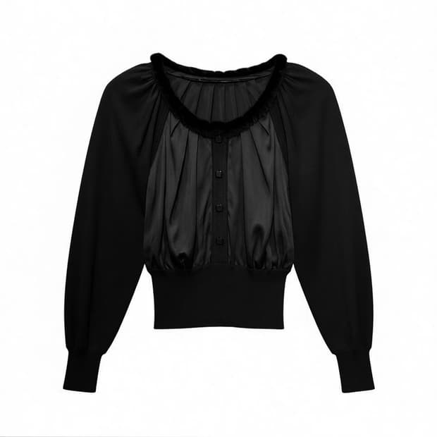 KR VINTAGE 크롭 니트 퍼카라 새틴 믹스 셔링 디테일 블랙