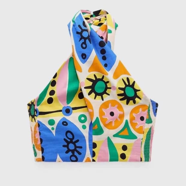 자라 코튼 홀터넥 슬리브리스 프린팅 탑 M 새상품