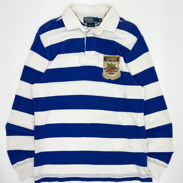 00s 폴로 랄프로렌 블루 스트라이프 로고 와펜 프레피 럭비티