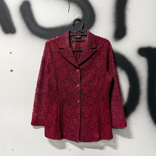 VTG 빈티지 오리엔탈 레드 크로쉐 핀턱 시스루 자켓