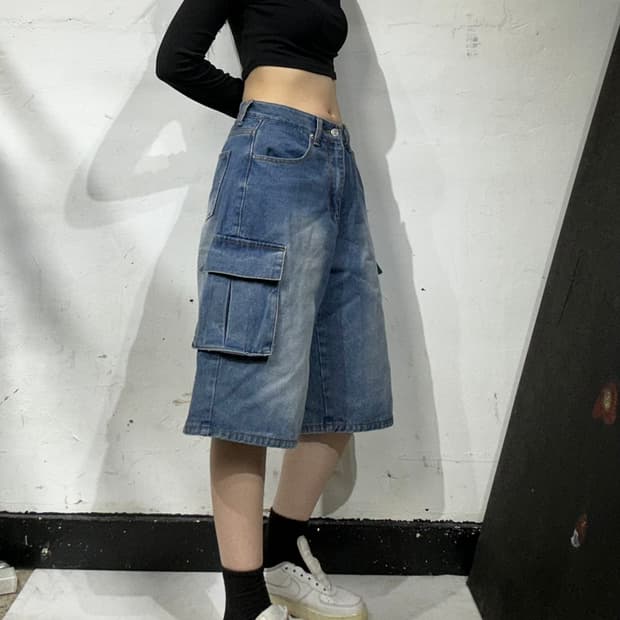 어반드레스 중청 데님 버뮤다 카고 팬츠 반바지 S