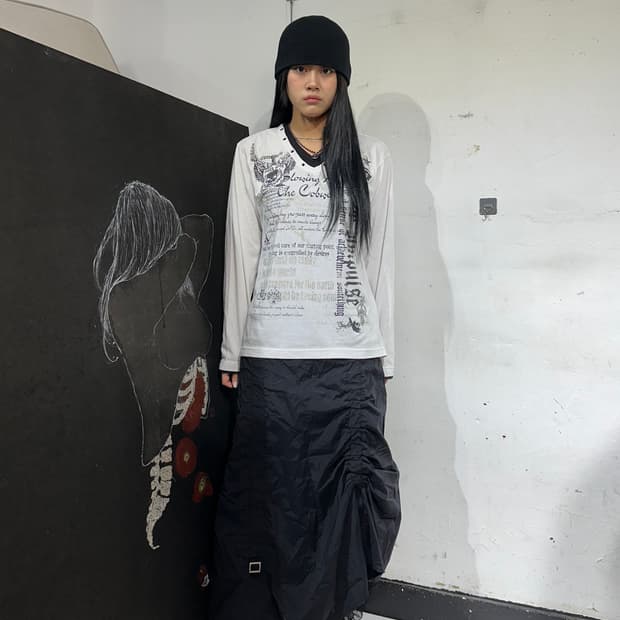 Jpn 일본 빈티지 고딕 펑크 해골 프린팅 롱슬리브 L