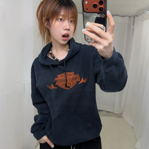 할리데이비슨 프린팅 네이비 작사 후드티