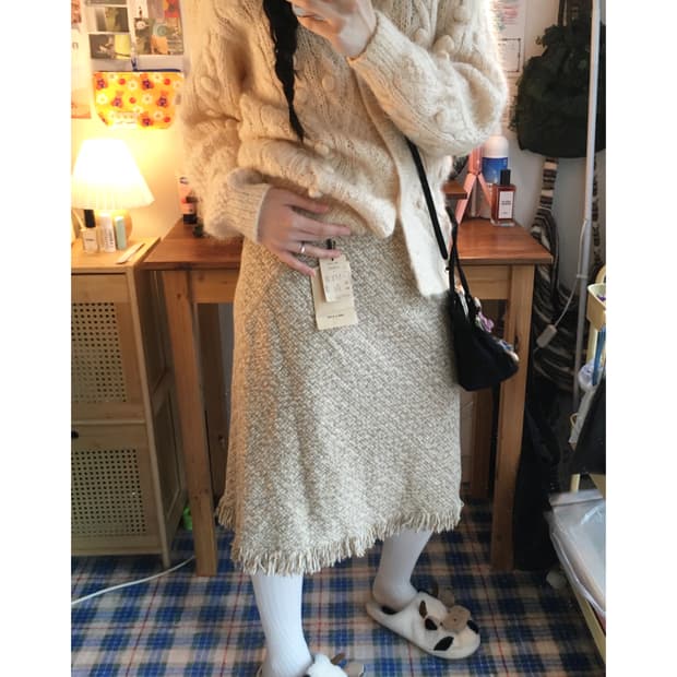 VINTAGE TWEED FRINGE MIDI SKIRT BEIGE 