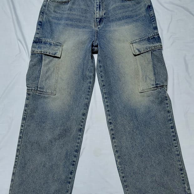 THE CROSS 와이드 카고 데님 팬츠 - 중청(L) 무료배송