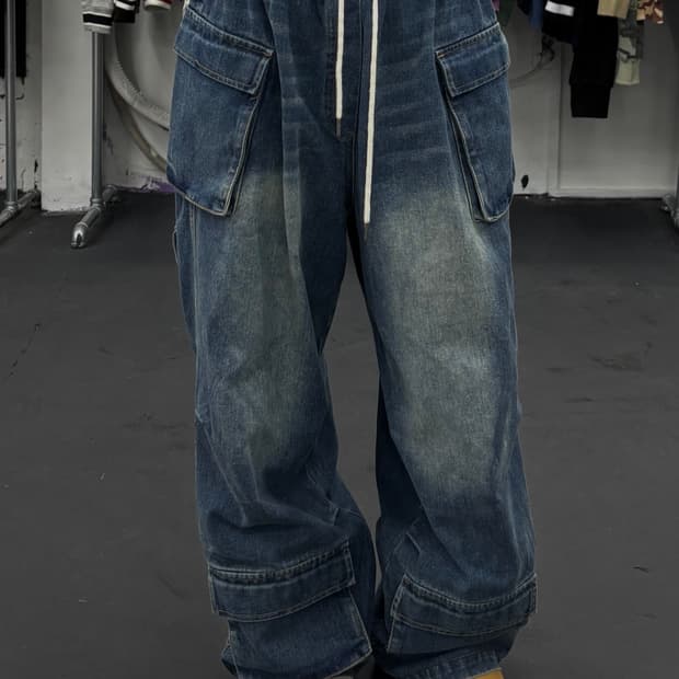 밴딩 와이드 데님 카고팬츠