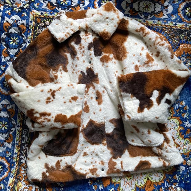 빈티지 사우스 웨스턴 카우 스킨 패턴 플리스 퍼 버튼 포켓 자켓 아터