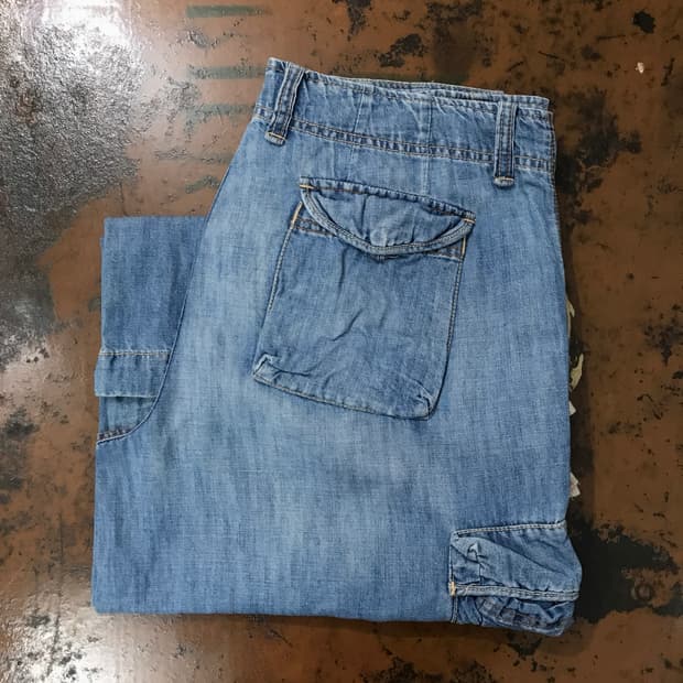 90s 폴로진스 중청 데님 카고 7부 팬츠 허리 36
