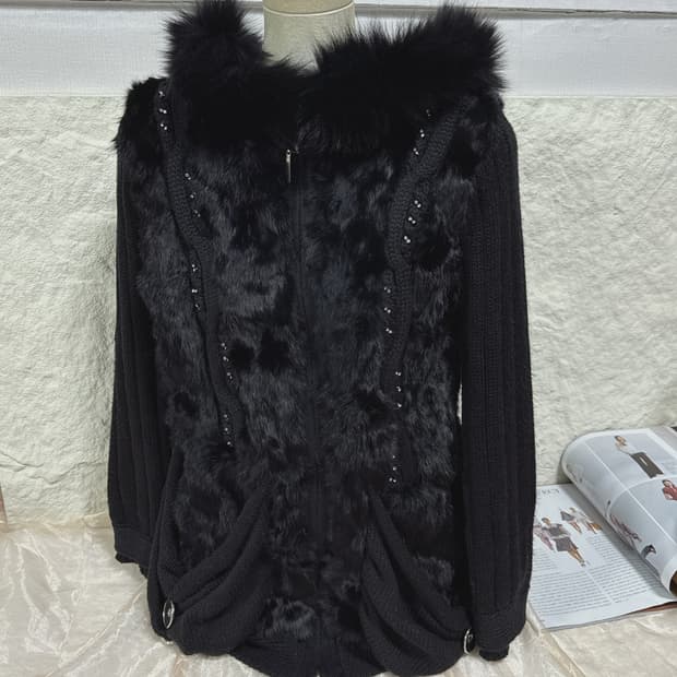 빈티지 고딕 폭스퍼 후드 양두지퍼 토끼털 큐빅 단추 니트자켓 후드집업