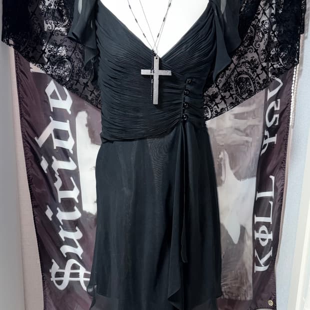 빈티지 언발란스 드레이프 쉬폰 원피스 락시크펑크고스고딕하이엔드오네갸루