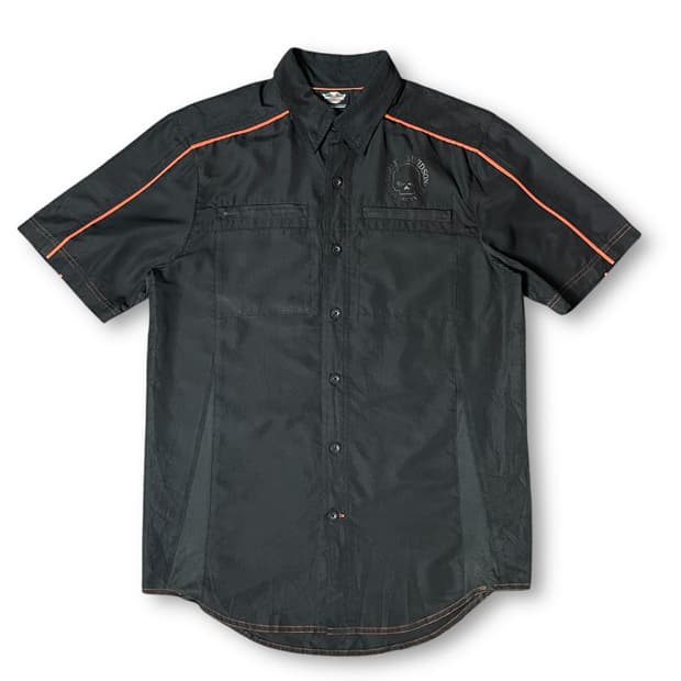 할리데이비슨 블랙 폴리 지퍼 투포켓 오렌지라인 반팔 셔츠 S