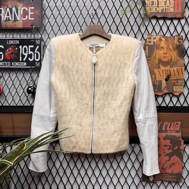 90s 지안프랑코 페레 모헤어 실크 믹스 레더 슬리브 집업 자켓 아이보리