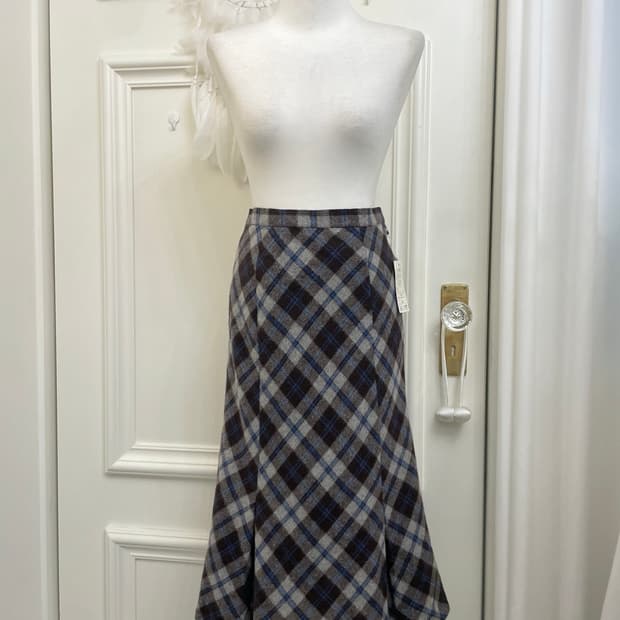 brown blue check wool pleats skirt